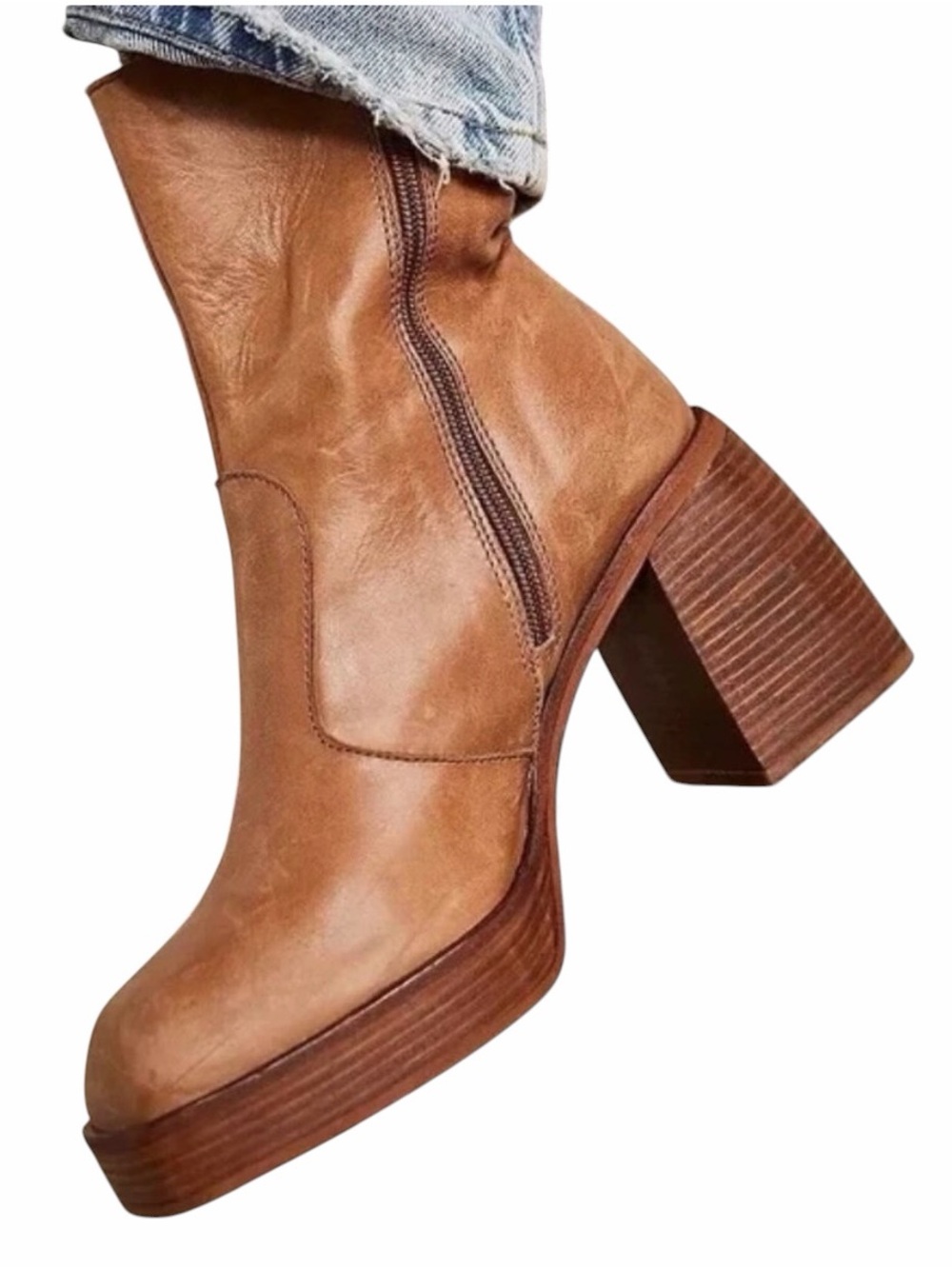 Free People Brown Leather Ruby Shine Platform Boots Shoes size 38.5
